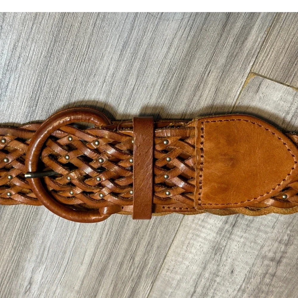 American Eagle Womens Brown Woven Braided Leather Belt Round Buckle Size L/XL